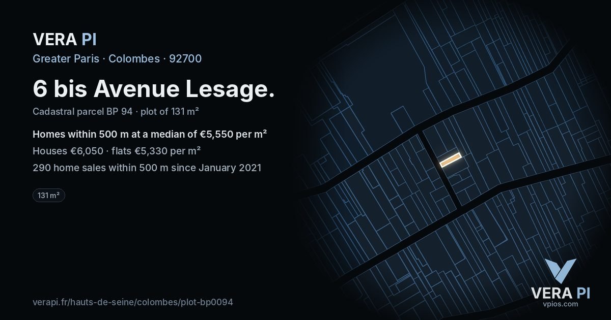 6 bis Avenue Lesage, Colombes at night – the plot lit, the parcels around coloured by the prices near them