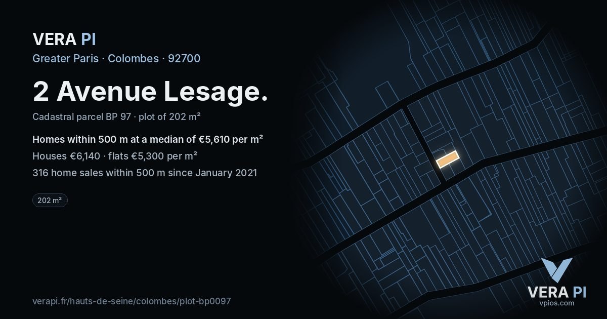 2 Avenue Lesage, Colombes at night – the plot lit, the parcels around coloured by the prices near them