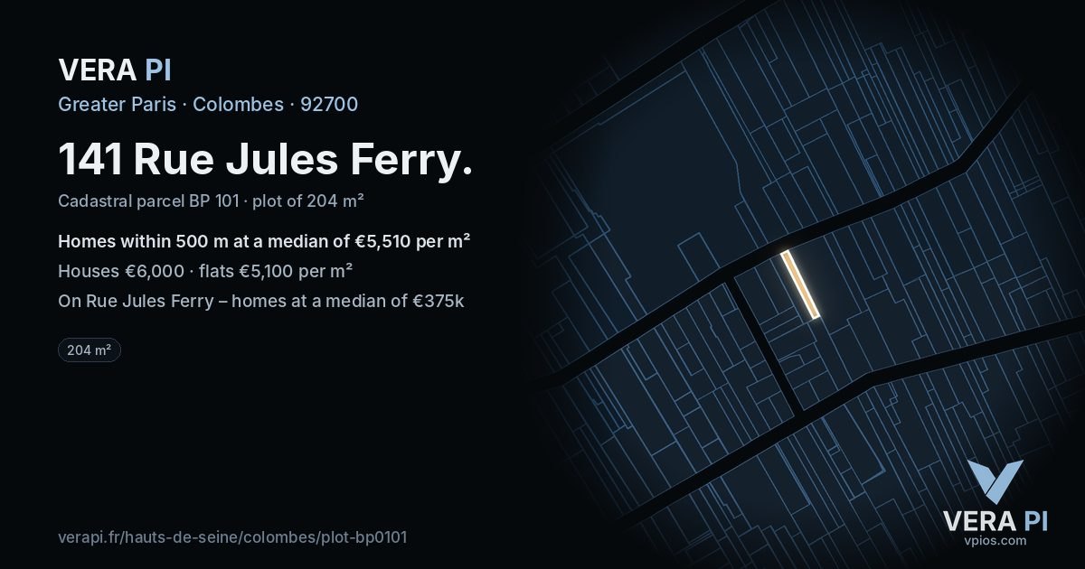 141 Rue Jules Ferry, Colombes at night – the plot lit, the parcels around coloured by the prices near them