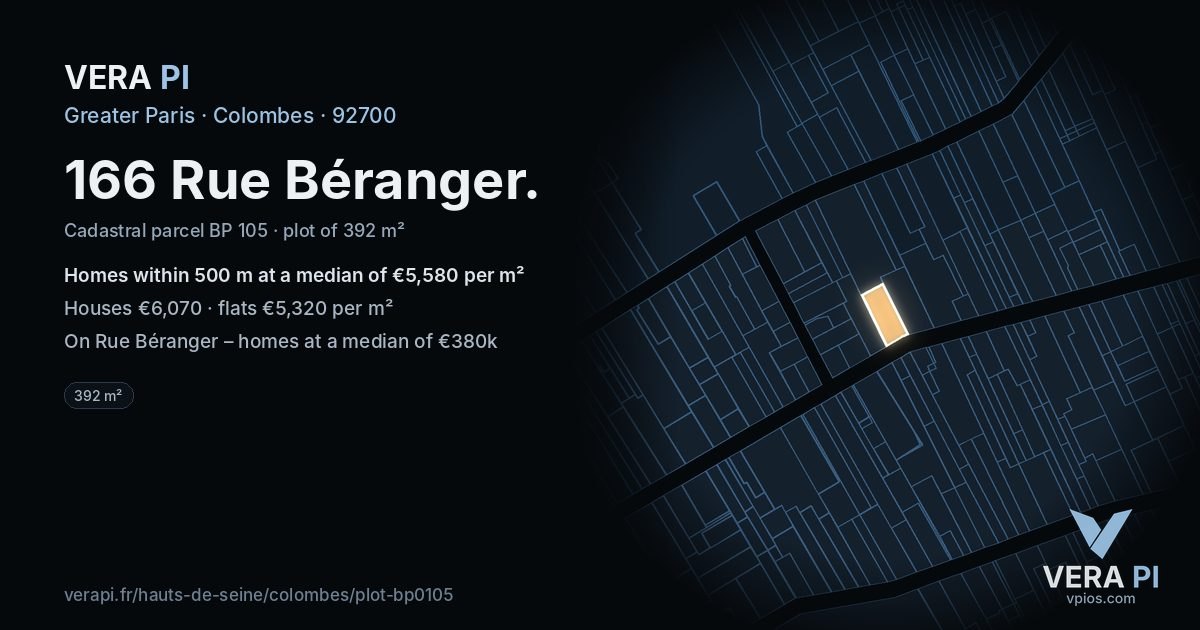 166 Rue Béranger, Colombes at night – the plot lit, the parcels around coloured by the prices near them