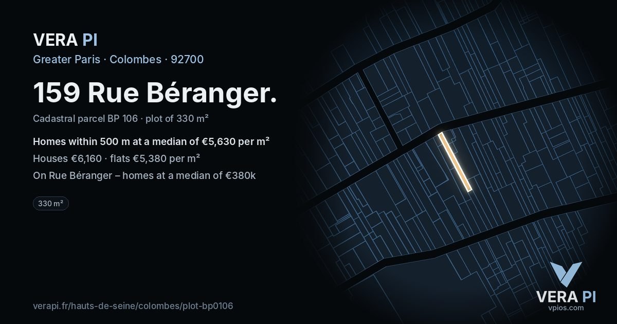159 Rue Béranger, Colombes at night – the plot lit, the parcels around coloured by the prices near them