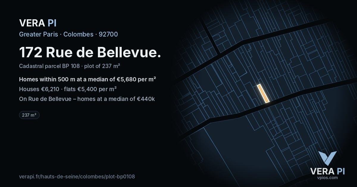 172 Rue de Bellevue, Colombes at night – the plot lit, the parcels around coloured by the prices near them