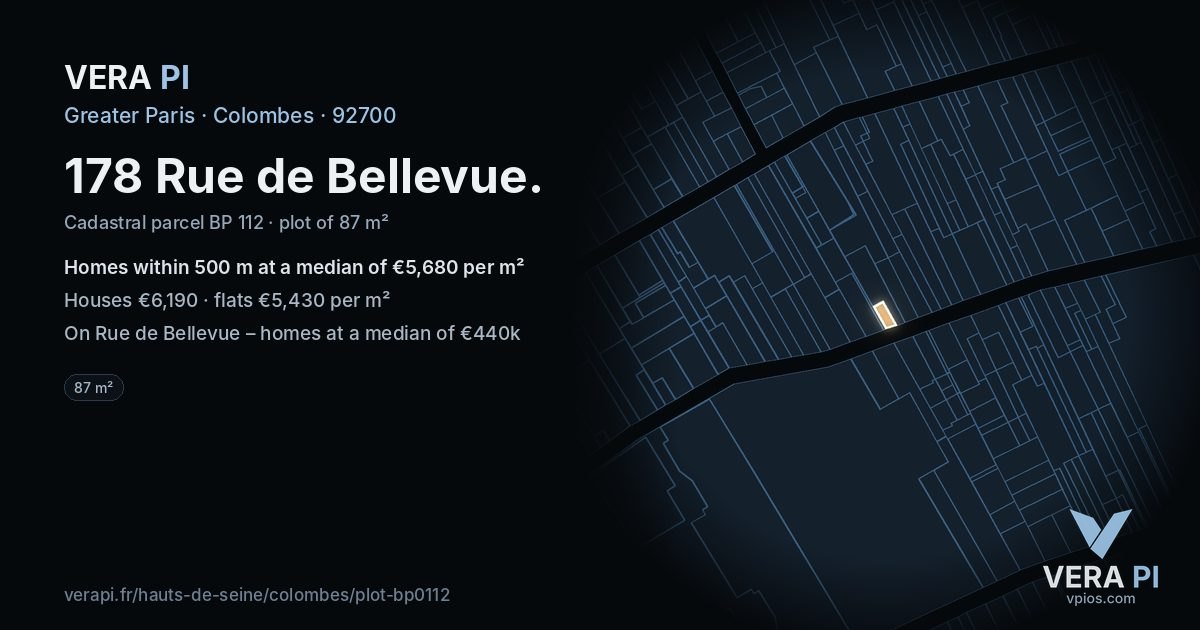 178 Rue de Bellevue, Colombes at night – the plot lit, the parcels around coloured by the prices near them