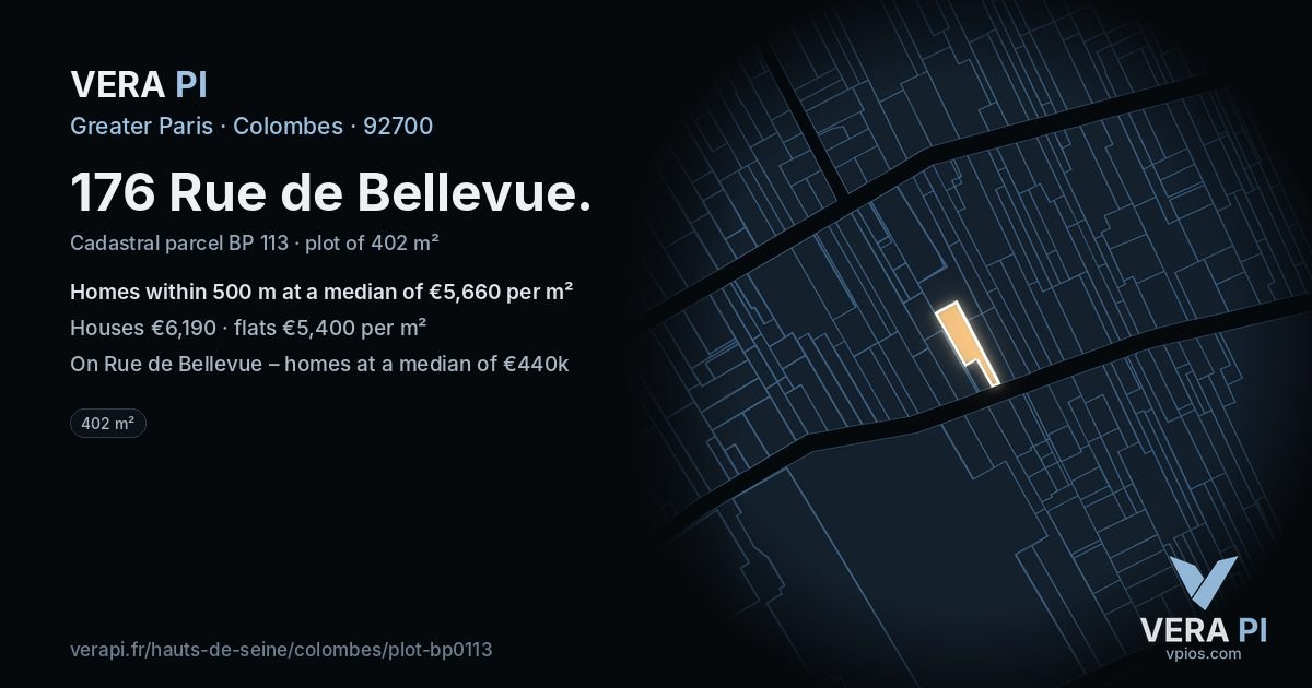 176 Rue de Bellevue, Colombes at night – the plot lit, the parcels around coloured by the prices near them