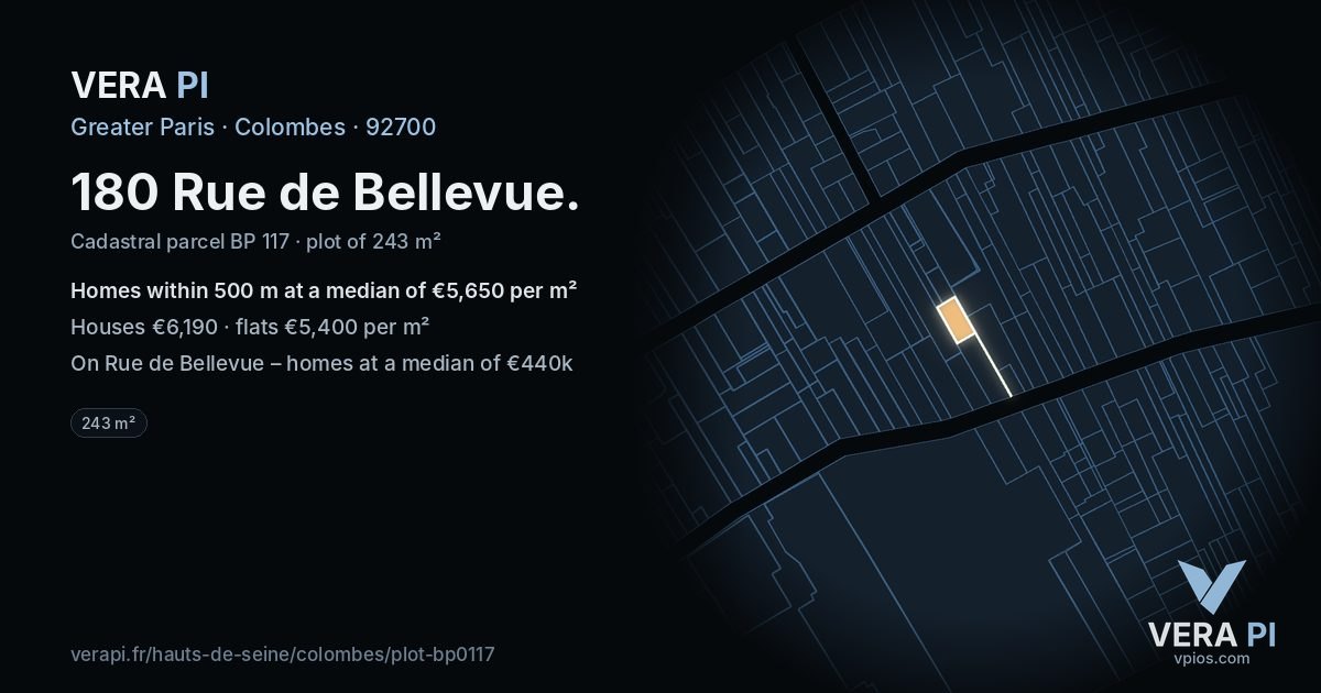 180 Rue de Bellevue, Colombes at night – the plot lit, the parcels around coloured by the prices near them