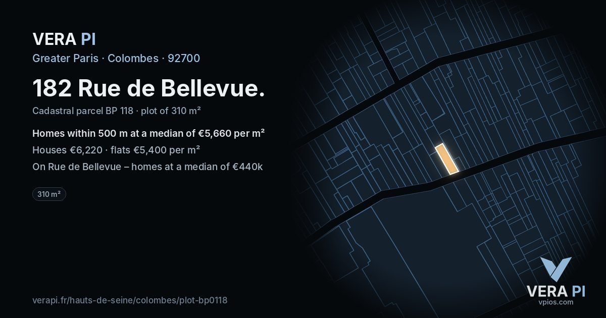 182 Rue de Bellevue, Colombes at night – the plot lit, the parcels around coloured by the prices near them