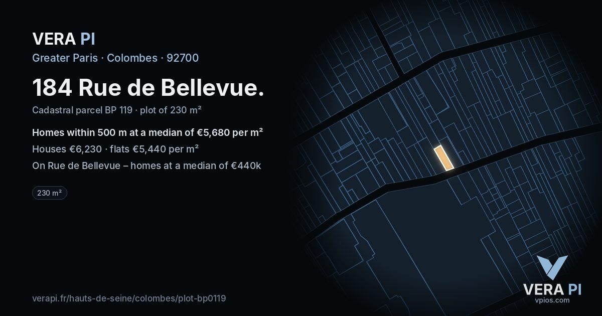 184 Rue de Bellevue, Colombes at night – the plot lit, the parcels around coloured by the prices near them