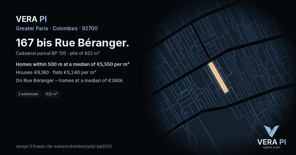 167 bis Rue Béranger, Colombes at night – the plot lit, the parcels around coloured by the prices near them