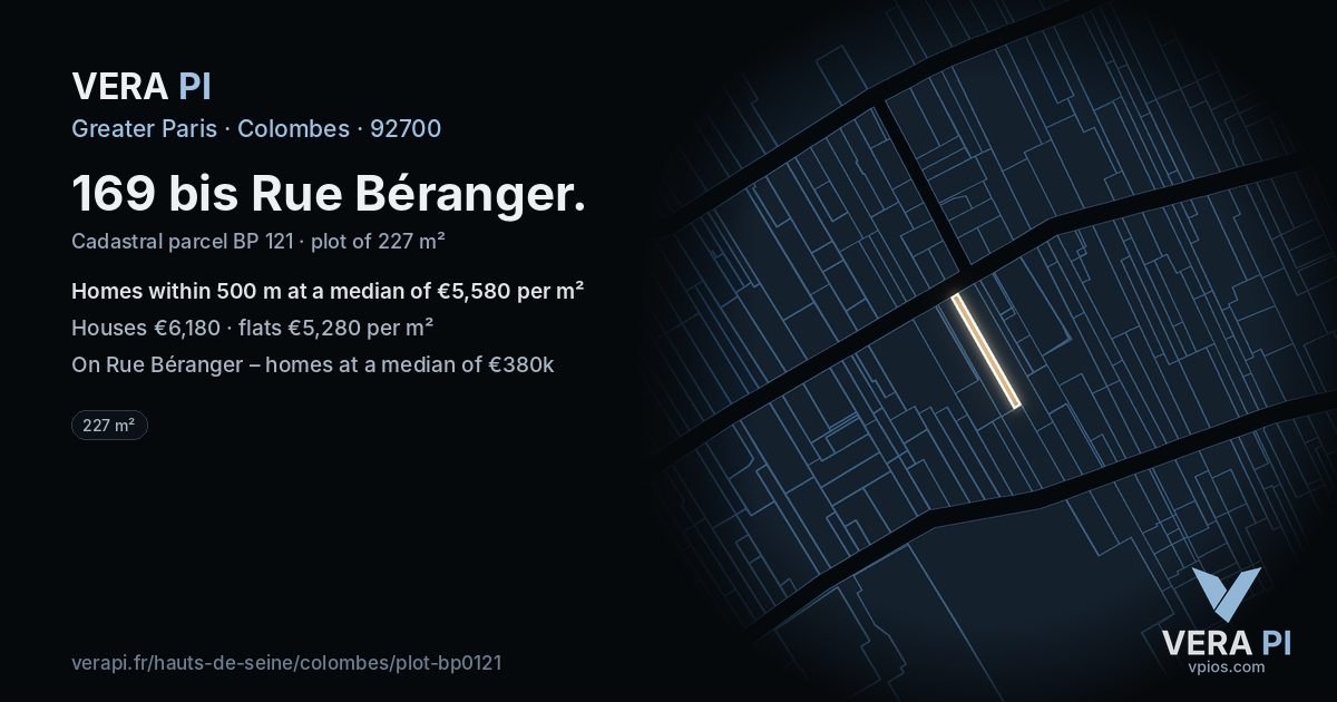 169 bis Rue Béranger, Colombes at night – the plot lit, the parcels around coloured by the prices near them