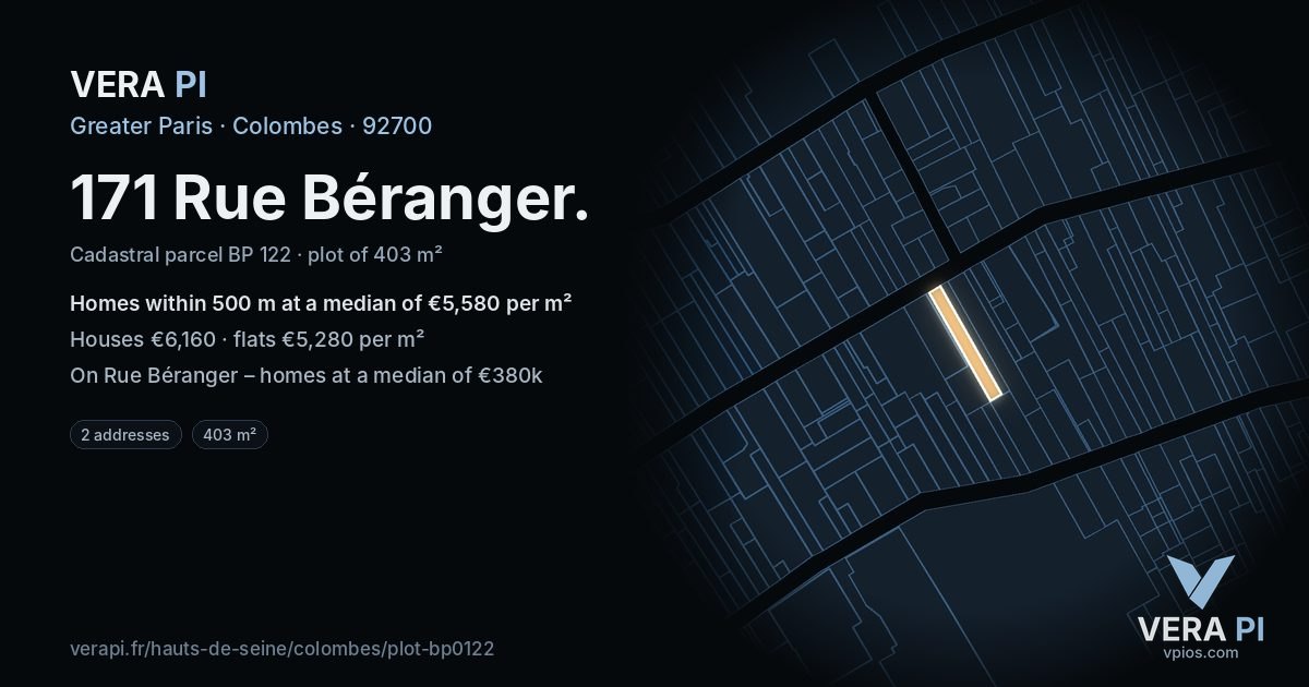 171 Rue Béranger, Colombes at night – the plot lit, the parcels around coloured by the prices near them