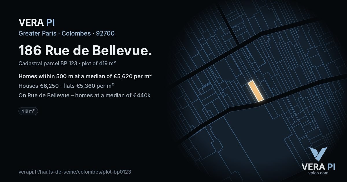 186 Rue de Bellevue, Colombes at night – the plot lit, the parcels around coloured by the prices near them