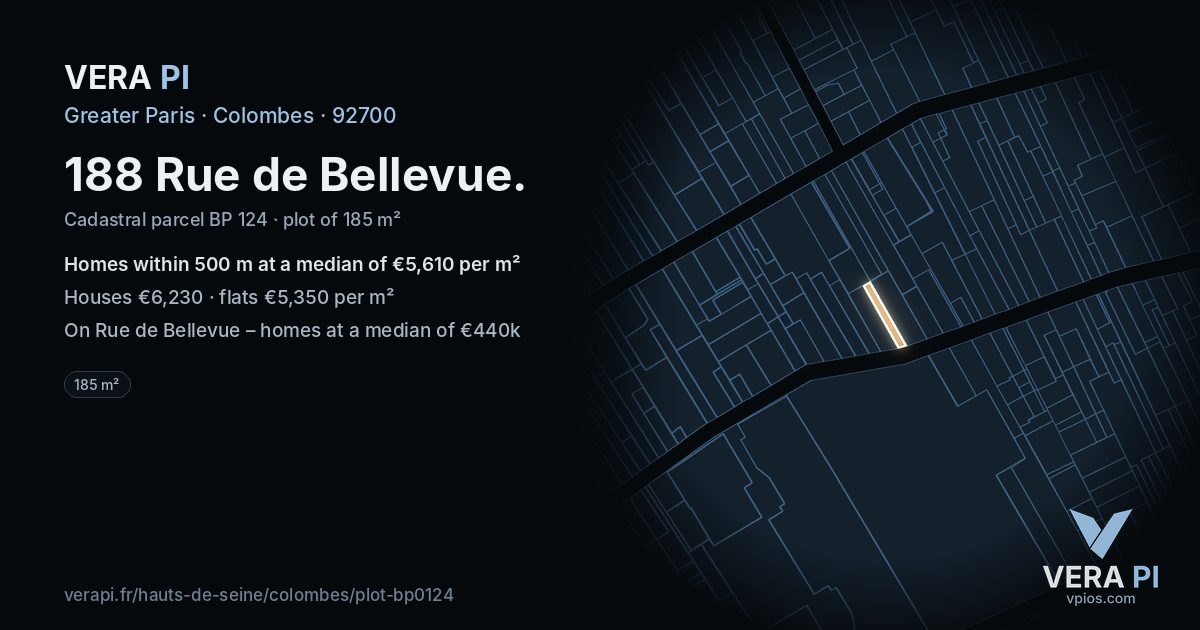 188 Rue de Bellevue, Colombes at night – the plot lit, the parcels around coloured by the prices near them