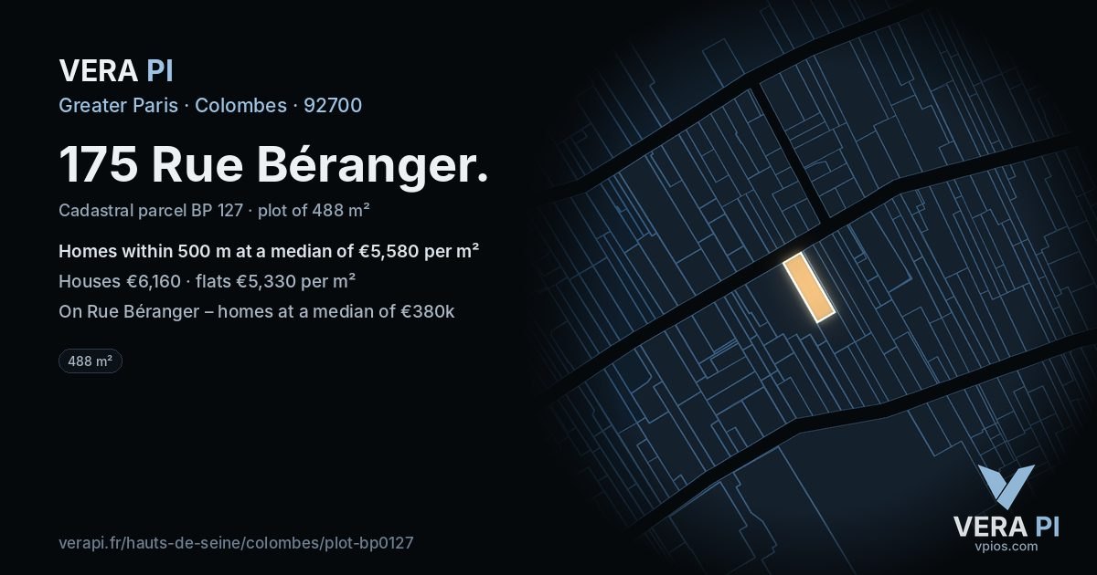 175 Rue Béranger, Colombes at night – the plot lit, the parcels around coloured by the prices near them