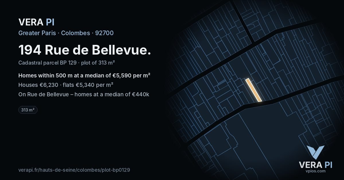 194 Rue de Bellevue, Colombes at night – the plot lit, the parcels around coloured by the prices near them