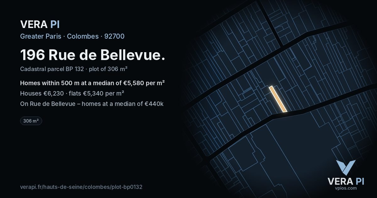 196 Rue de Bellevue, Colombes at night – the plot lit, the parcels around coloured by the prices near them