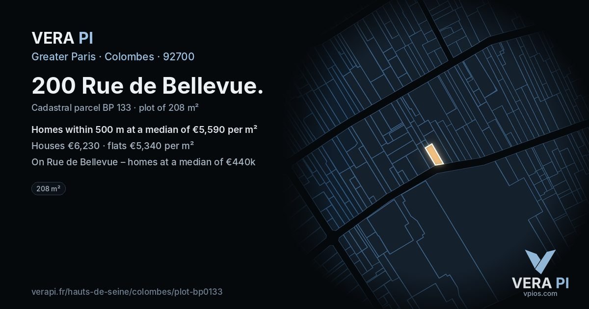 200 Rue de Bellevue, Colombes at night – the plot lit, the parcels around coloured by the prices near them