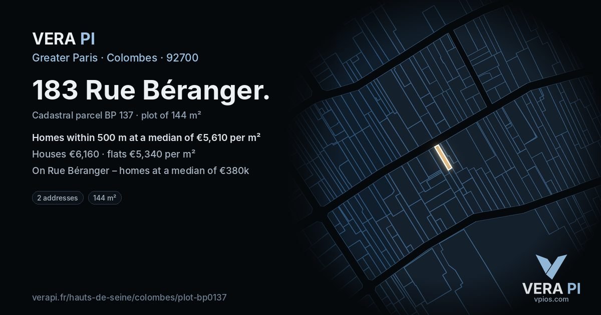 183 Rue Béranger, Colombes at night – the plot lit, the parcels around coloured by the prices near them