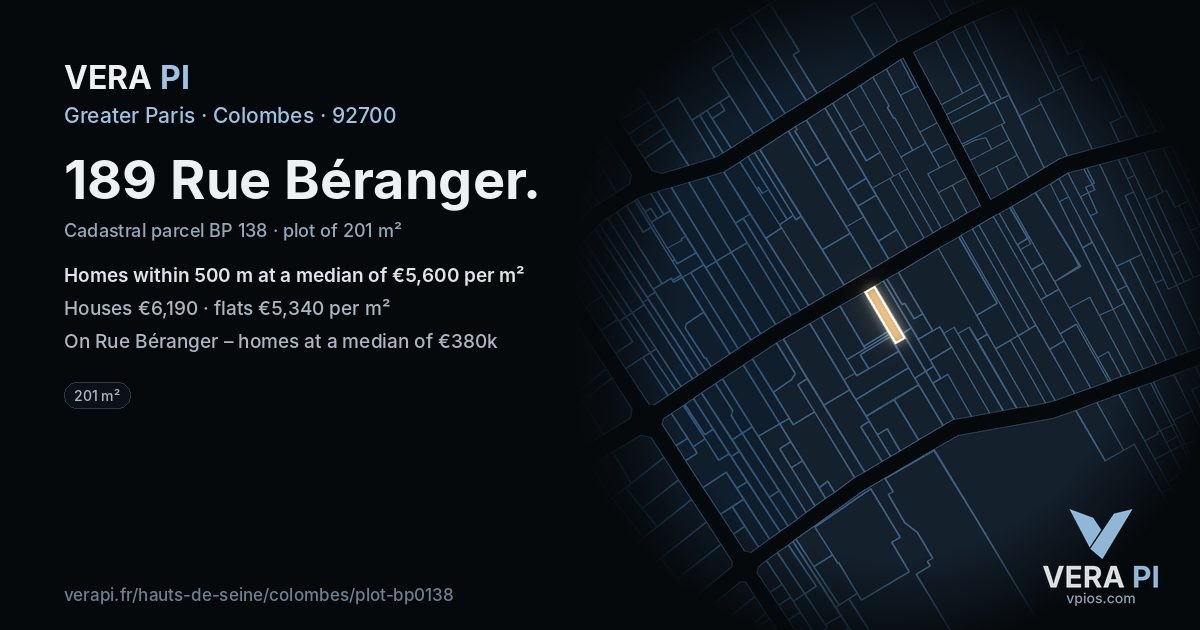 189 Rue Béranger, Colombes at night – the plot lit, the parcels around coloured by the prices near them