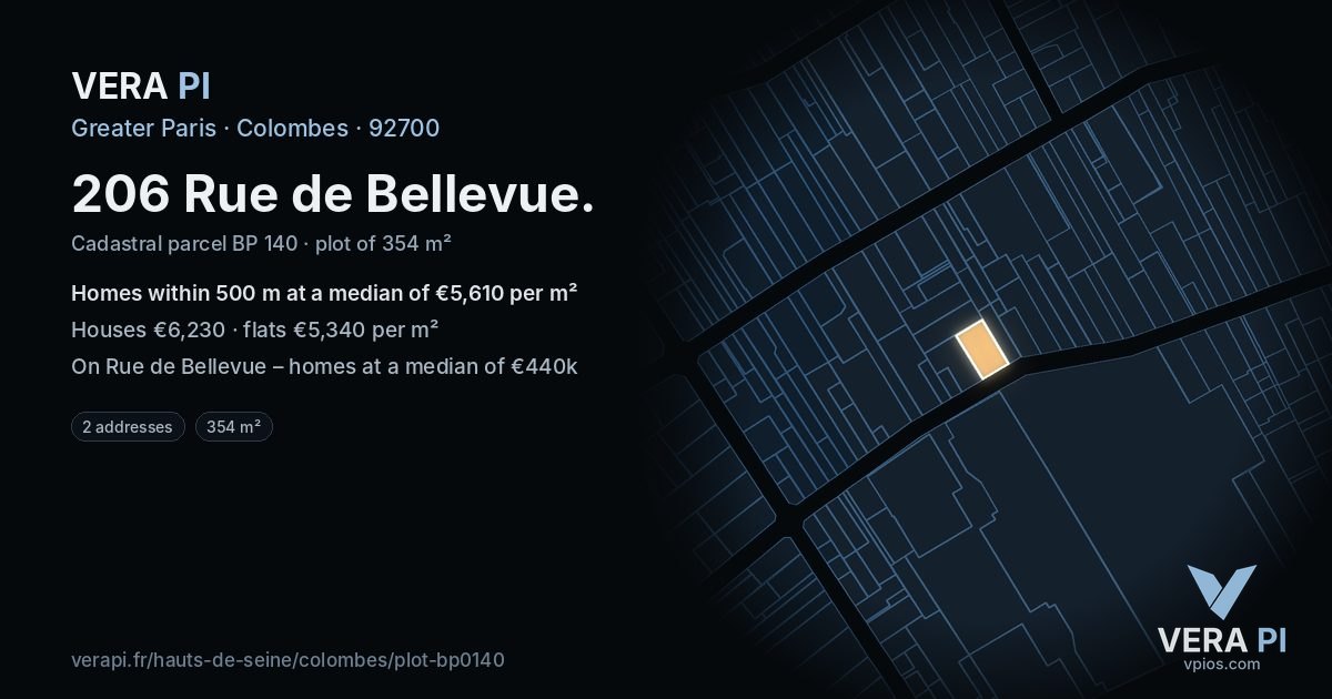 206 Rue de Bellevue, Colombes at night – the plot lit, the parcels around coloured by the prices near them