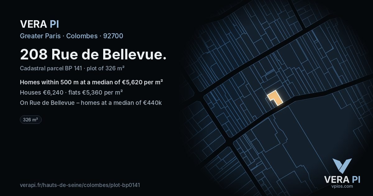 208 Rue de Bellevue, Colombes at night – the plot lit, the parcels around coloured by the prices near them