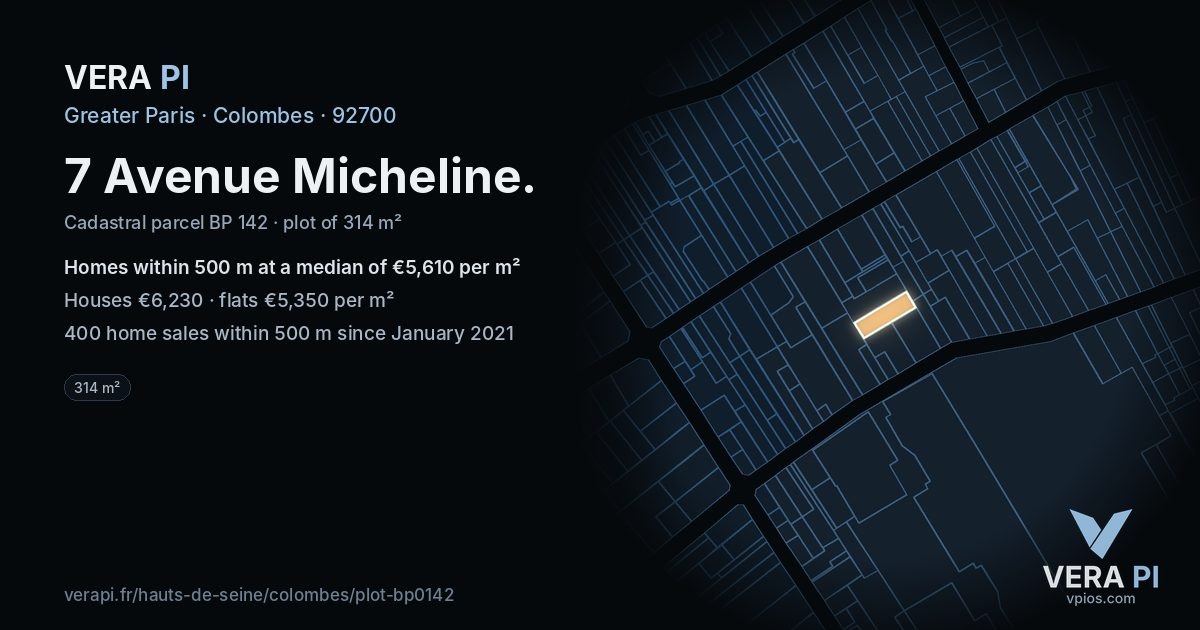 7 Avenue Micheline, Colombes at night – the plot lit, the parcels around coloured by the prices near them