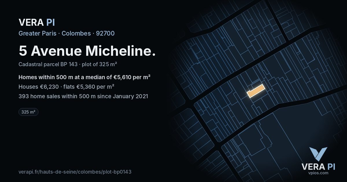 5 Avenue Micheline, Colombes at night – the plot lit, the parcels around coloured by the prices near them