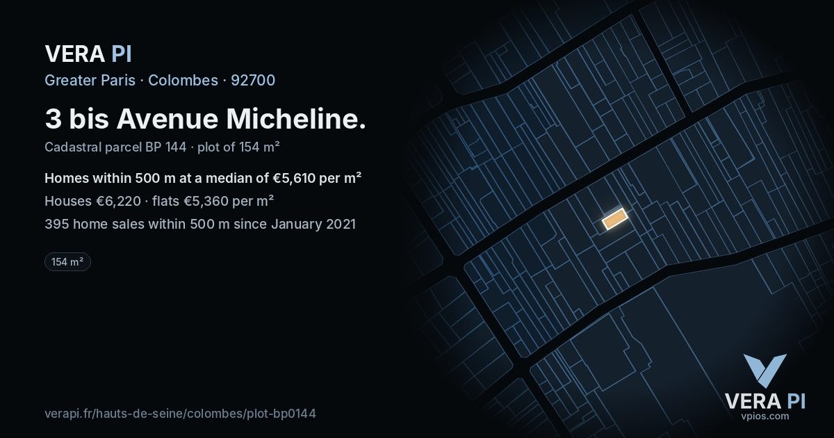 3 bis Avenue Micheline, Colombes at night – the plot lit, the parcels around coloured by the prices near them