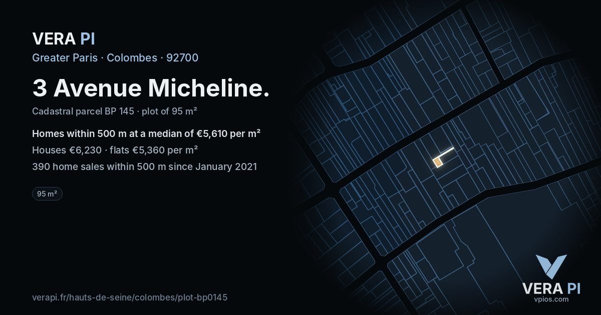 3 Avenue Micheline, Colombes at night – the plot lit, the parcels around coloured by the prices near them