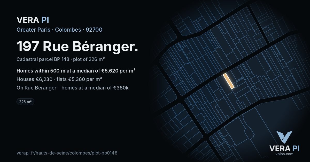 197 Rue Béranger, Colombes at night – the plot lit, the parcels around coloured by the prices near them
