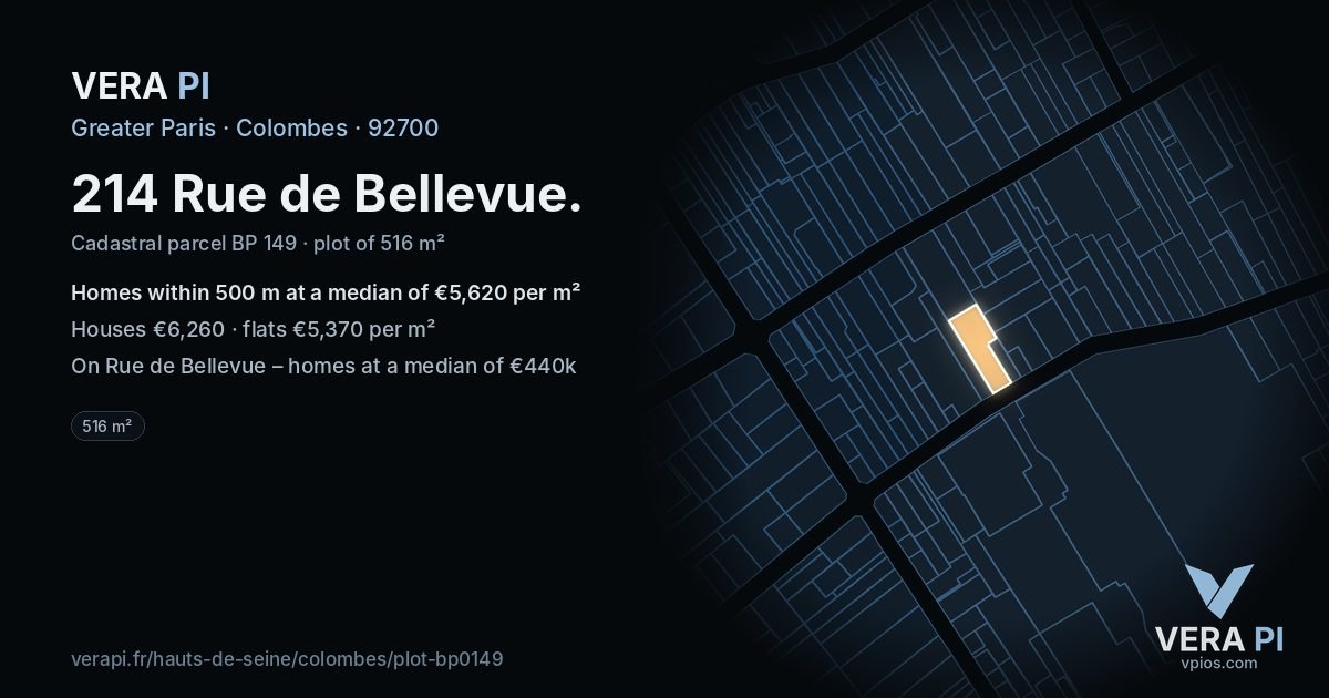 214 Rue de Bellevue, Colombes at night – the plot lit, the parcels around coloured by the prices near them