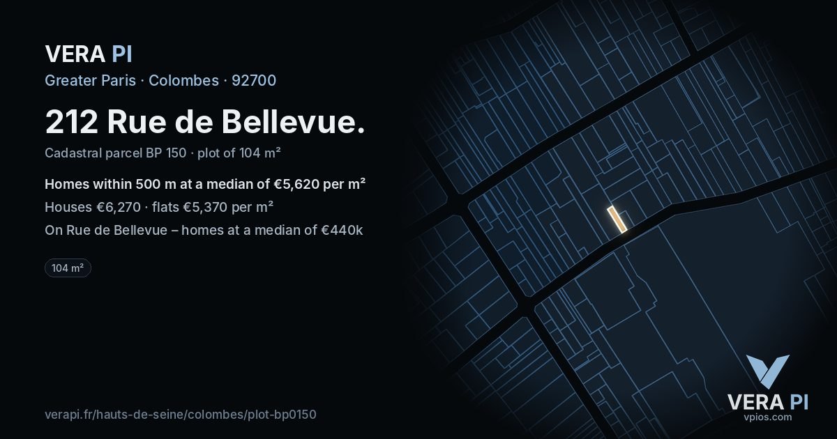 212 Rue de Bellevue, Colombes at night – the plot lit, the parcels around coloured by the prices near them