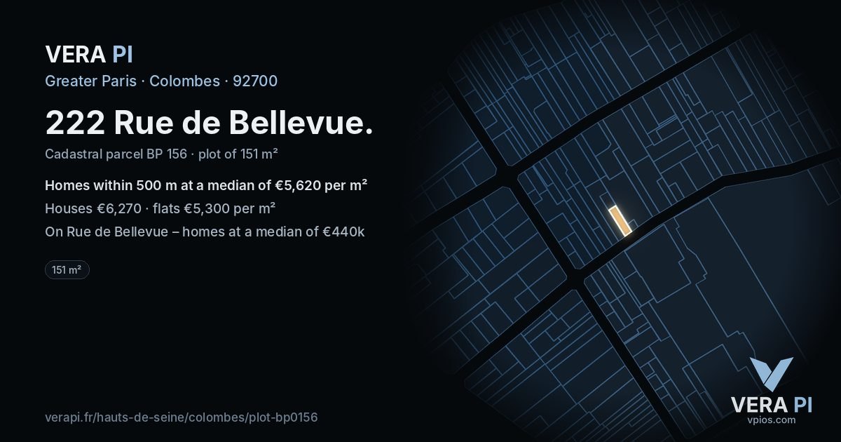 222 Rue de Bellevue, Colombes at night – the plot lit, the parcels around coloured by the prices near them