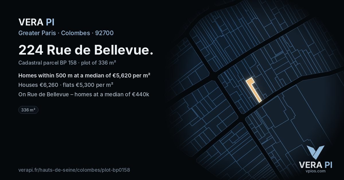 224 Rue de Bellevue, Colombes at night – the plot lit, the parcels around coloured by the prices near them
