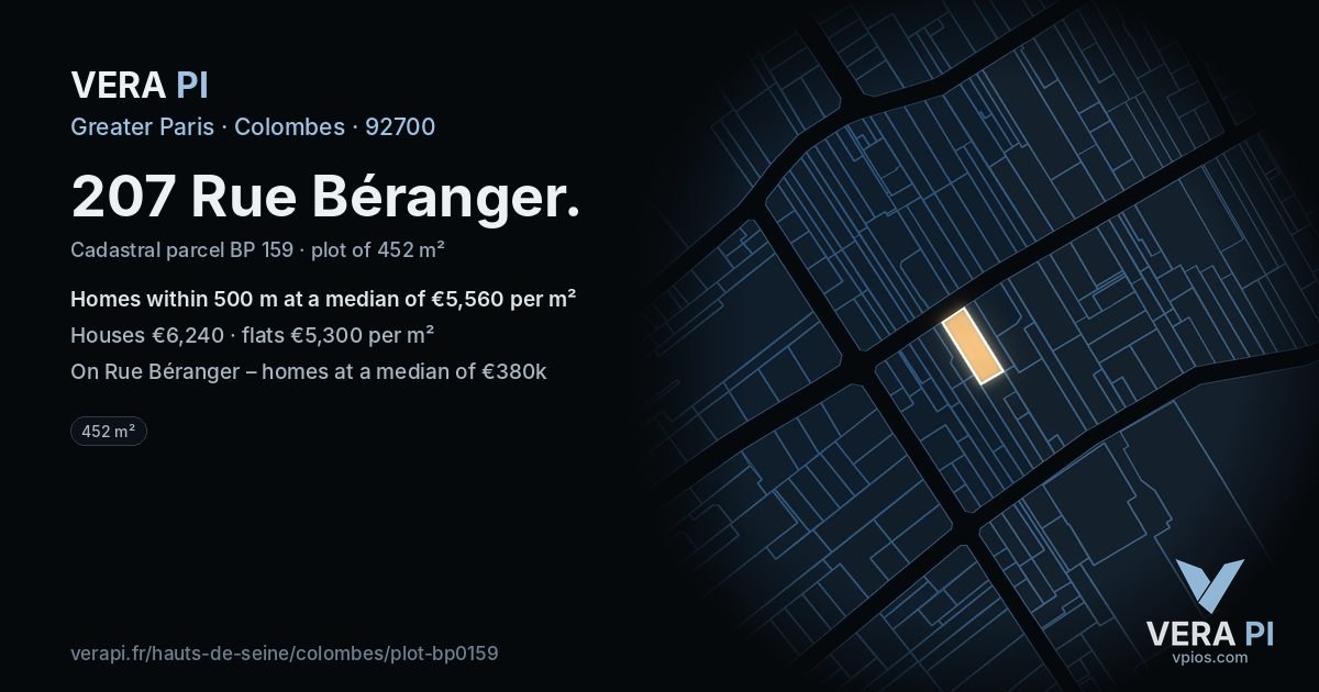 207 Rue Béranger, Colombes at night – the plot lit, the parcels around coloured by the prices near them