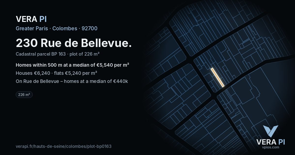 230 Rue de Bellevue, Colombes at night – the plot lit, the parcels around coloured by the prices near them