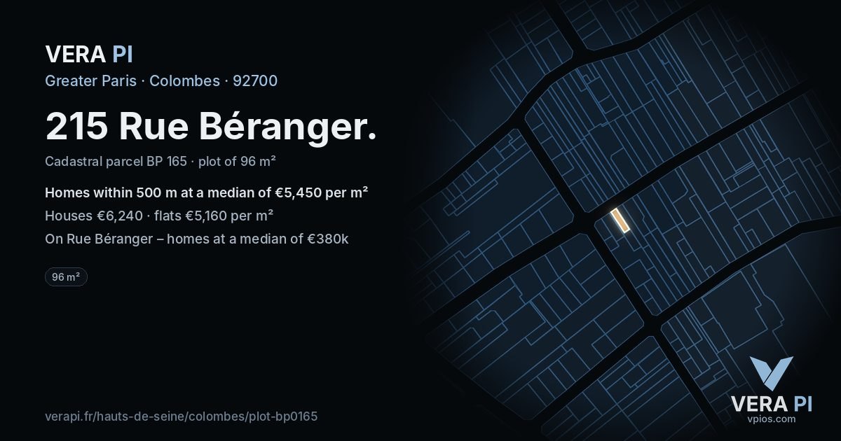215 Rue Béranger, Colombes at night – the plot lit, the parcels around coloured by the prices near them