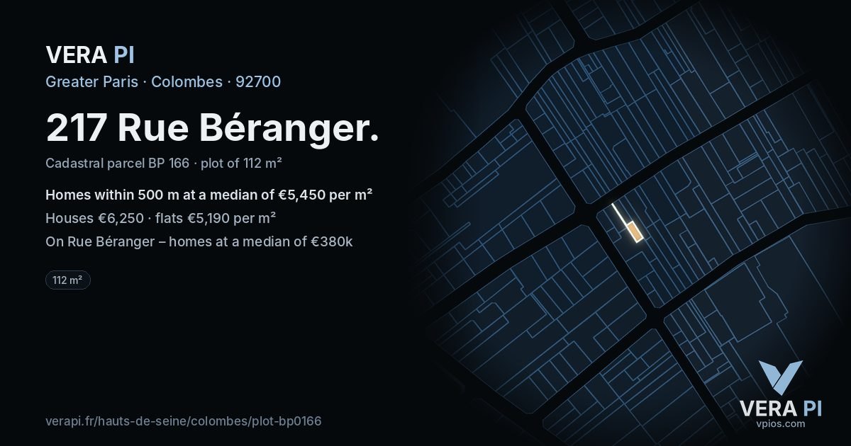 217 Rue Béranger, Colombes at night – the plot lit, the parcels around coloured by the prices near them