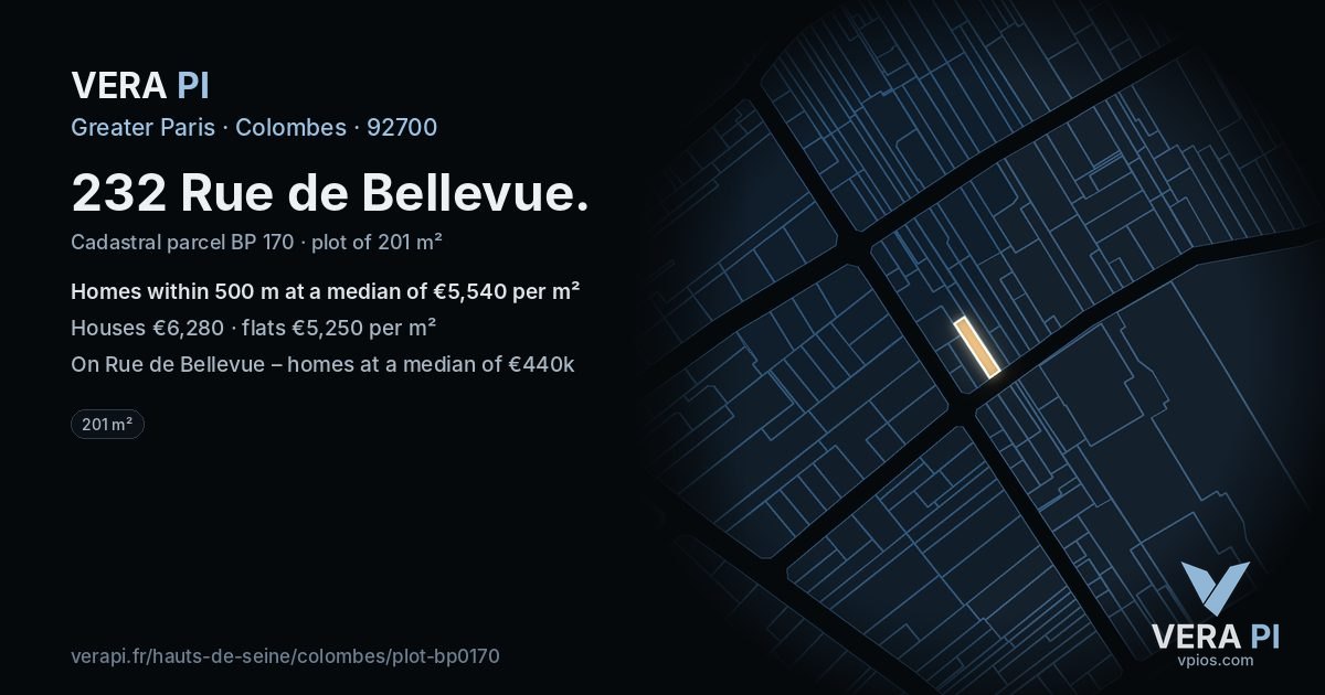 232 Rue de Bellevue, Colombes at night – the plot lit, the parcels around coloured by the prices near them
