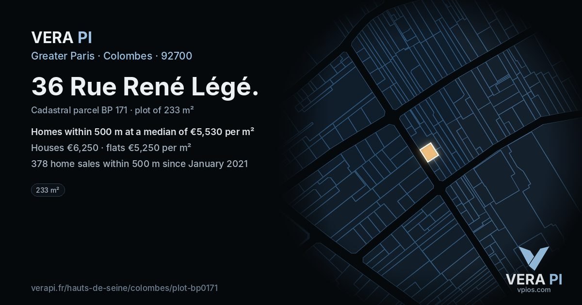 36 Rue René Légé, Colombes at night – the plot lit, the parcels around coloured by the prices near them