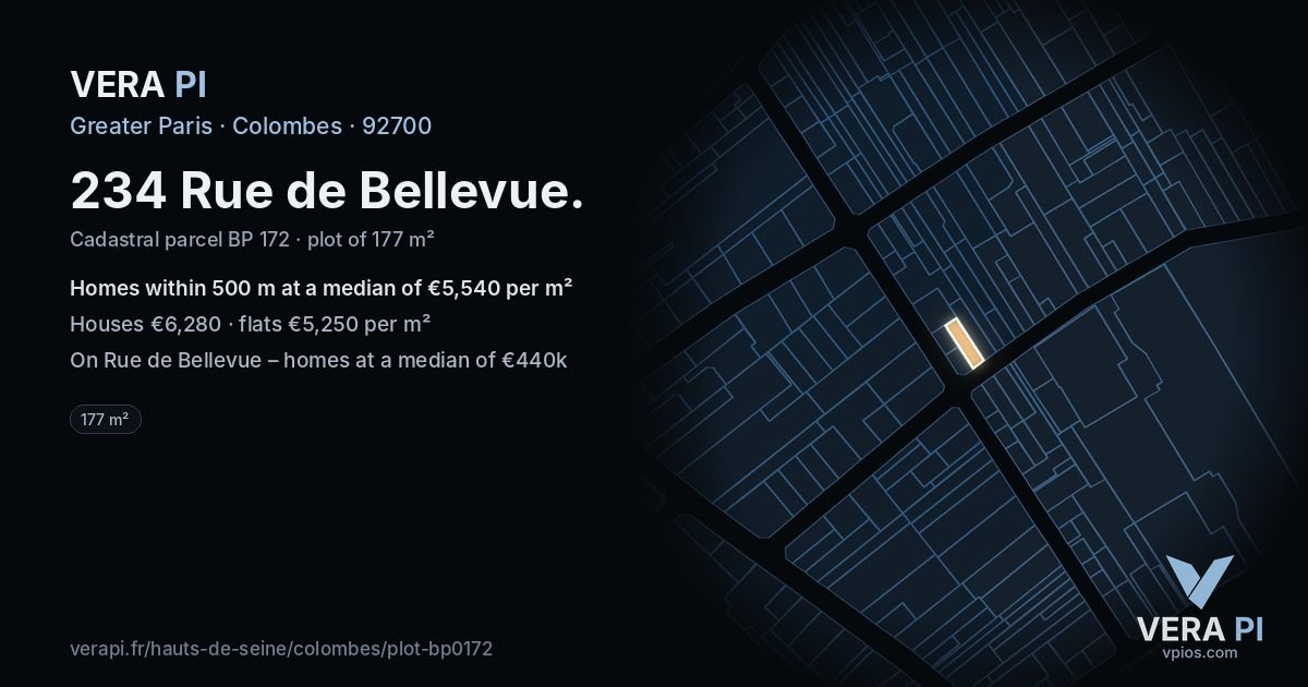 234 Rue de Bellevue, Colombes at night – the plot lit, the parcels around coloured by the prices near them