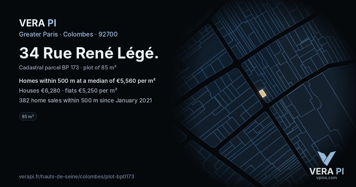 34 Rue René Légé, Colombes at night – the plot lit, the parcels around coloured by the prices near them