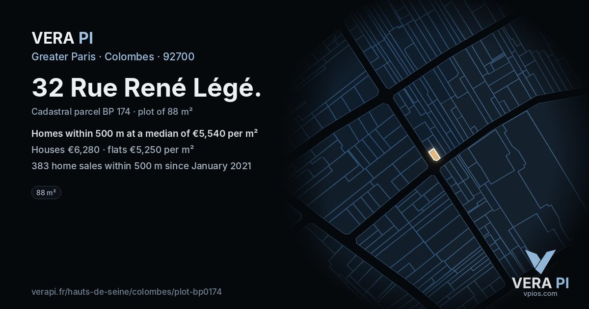 32 Rue René Légé, Colombes at night – the plot lit, the parcels around coloured by the prices near them