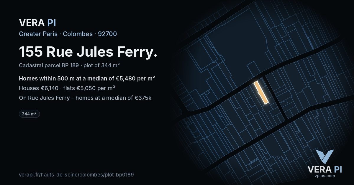 155 Rue Jules Ferry, Colombes at night – the plot lit, the parcels around coloured by the prices near them