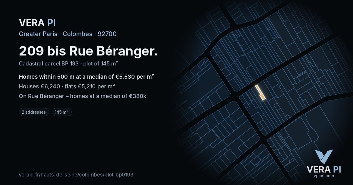 209 bis Rue Béranger, Colombes at night – the plot lit, the parcels around coloured by the prices near them