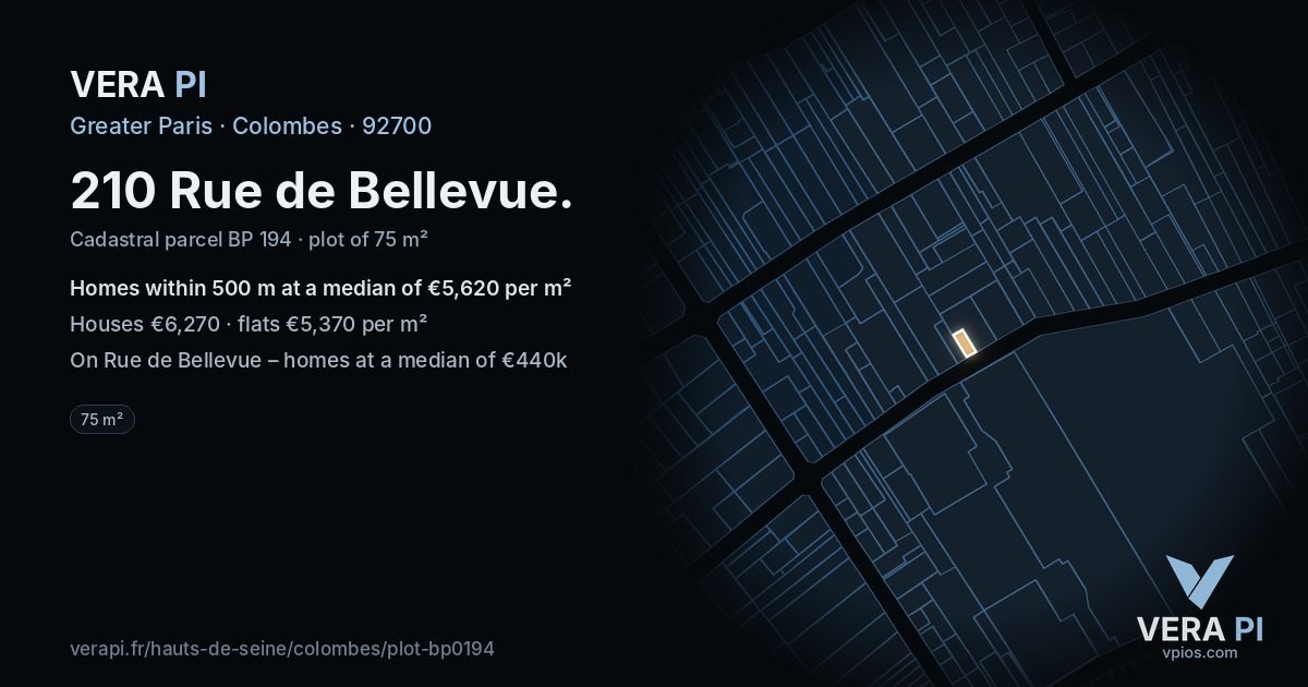 210 Rue de Bellevue, Colombes at night – the plot lit, the parcels around coloured by the prices near them