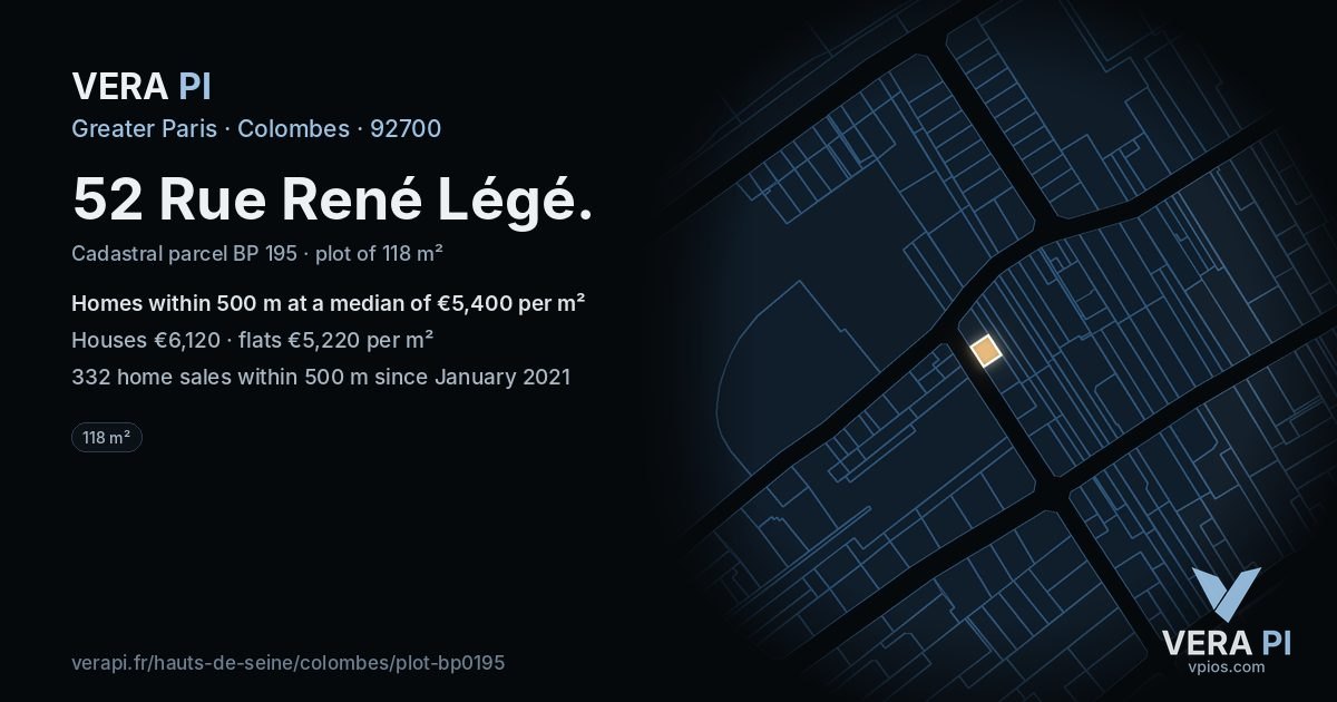 52 Rue René Légé, Colombes at night – the plot lit, the parcels around coloured by the prices near them