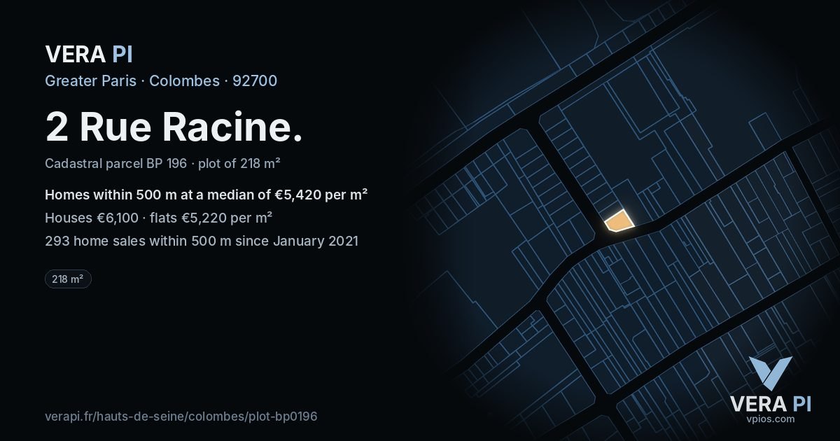 2 Rue Racine, Colombes at night – the plot lit, the parcels around coloured by the prices near them