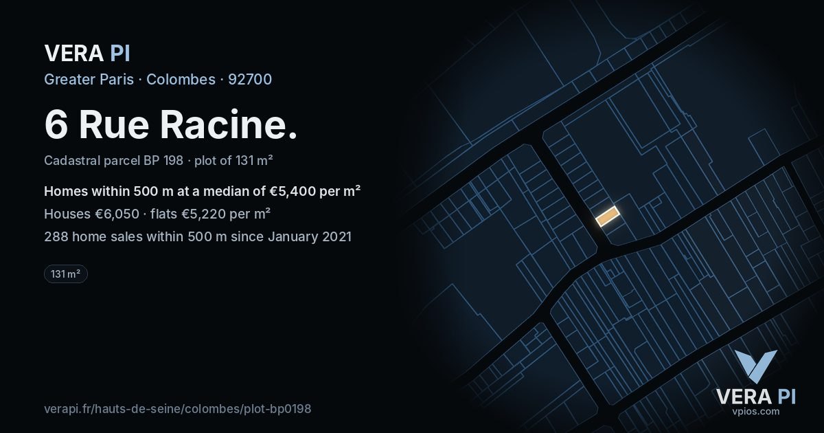 6 Rue Racine, Colombes at night – the plot lit, the parcels around coloured by the prices near them