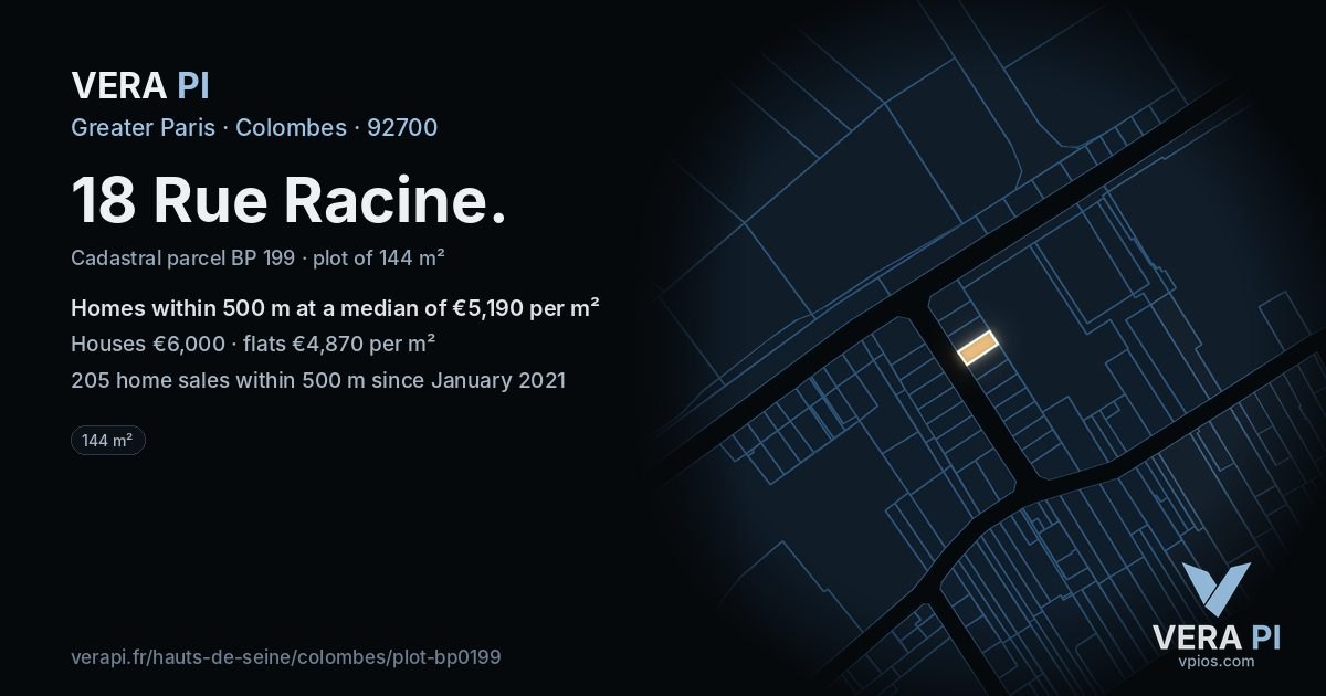 18 Rue Racine, Colombes at night – the plot lit, the parcels around coloured by the prices near them