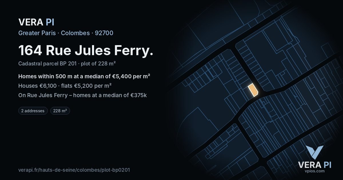 164 Rue Jules Ferry, Colombes at night – the plot lit, the parcels around coloured by the prices near them